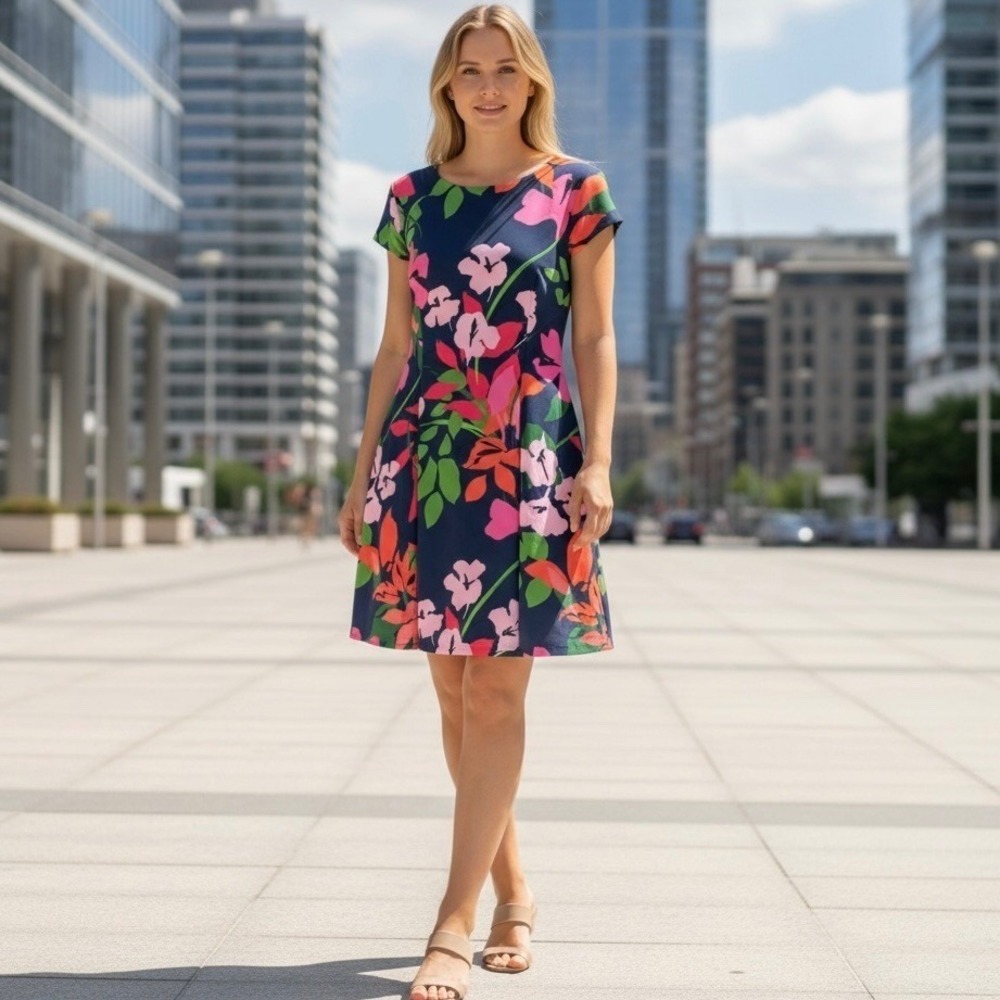 Willow Glenn Women's Navy Floral Print Short Sleeve Fit Flare Dress Size 18 NWT